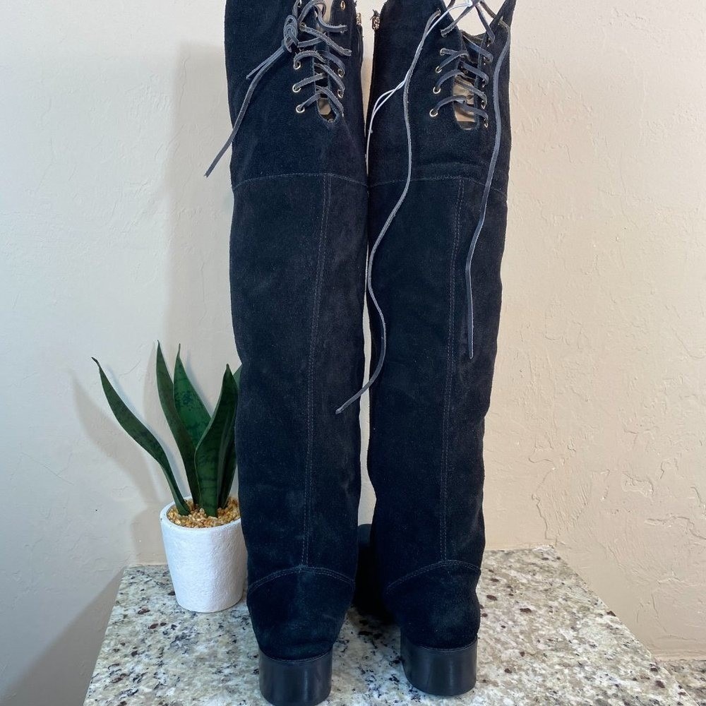 Womens Black Suede Over The Knee‎ Boots Lace Up Back Block Heel Size 8 - Picture 4 of 6